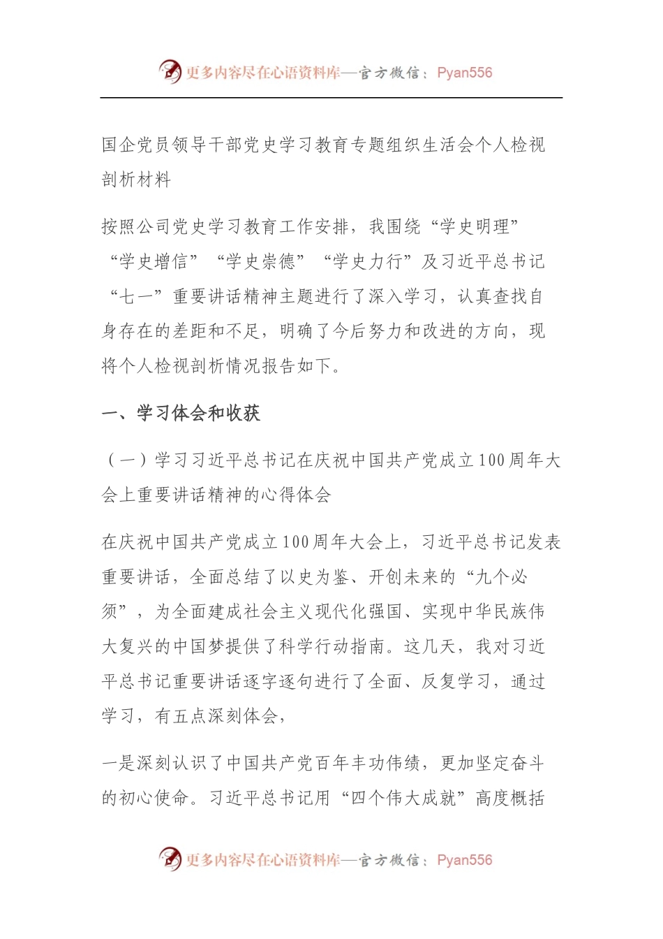 国企党员领导干部党史学习教育专题组织生活会个人检视剖析材料（5）.docx_第1页