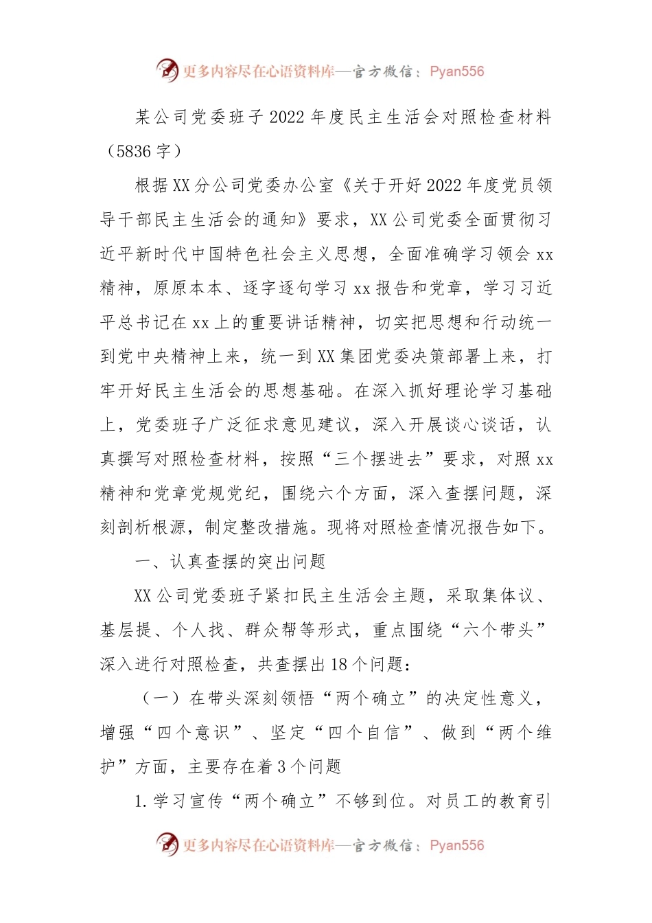 国企班子2022年度民主生活会对照检查材料.docx_第1页