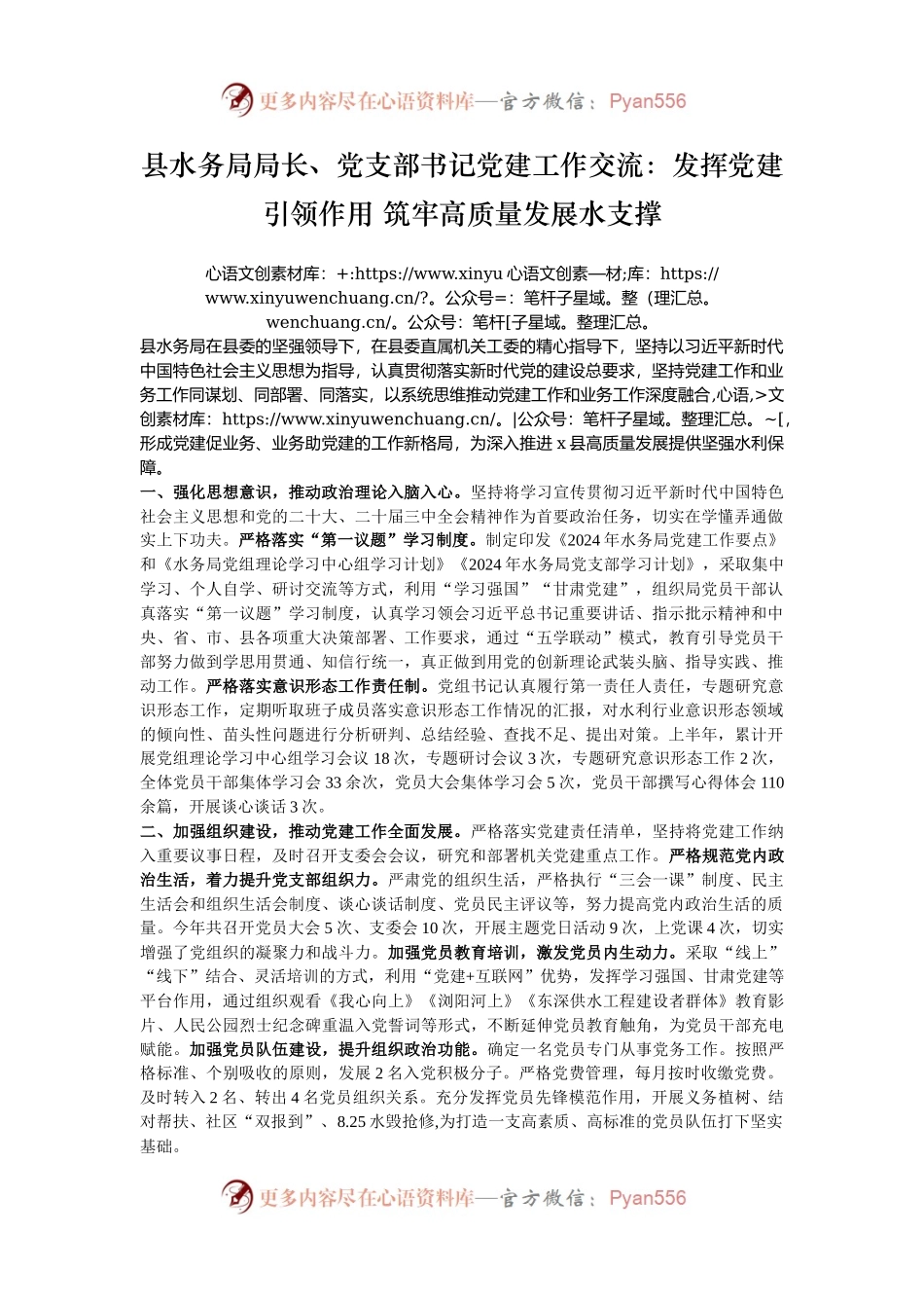 县水务局局长、党支部书记党建工作交流：发挥党建引领作用 筑牢高质量发展水支撑.docx_第1页