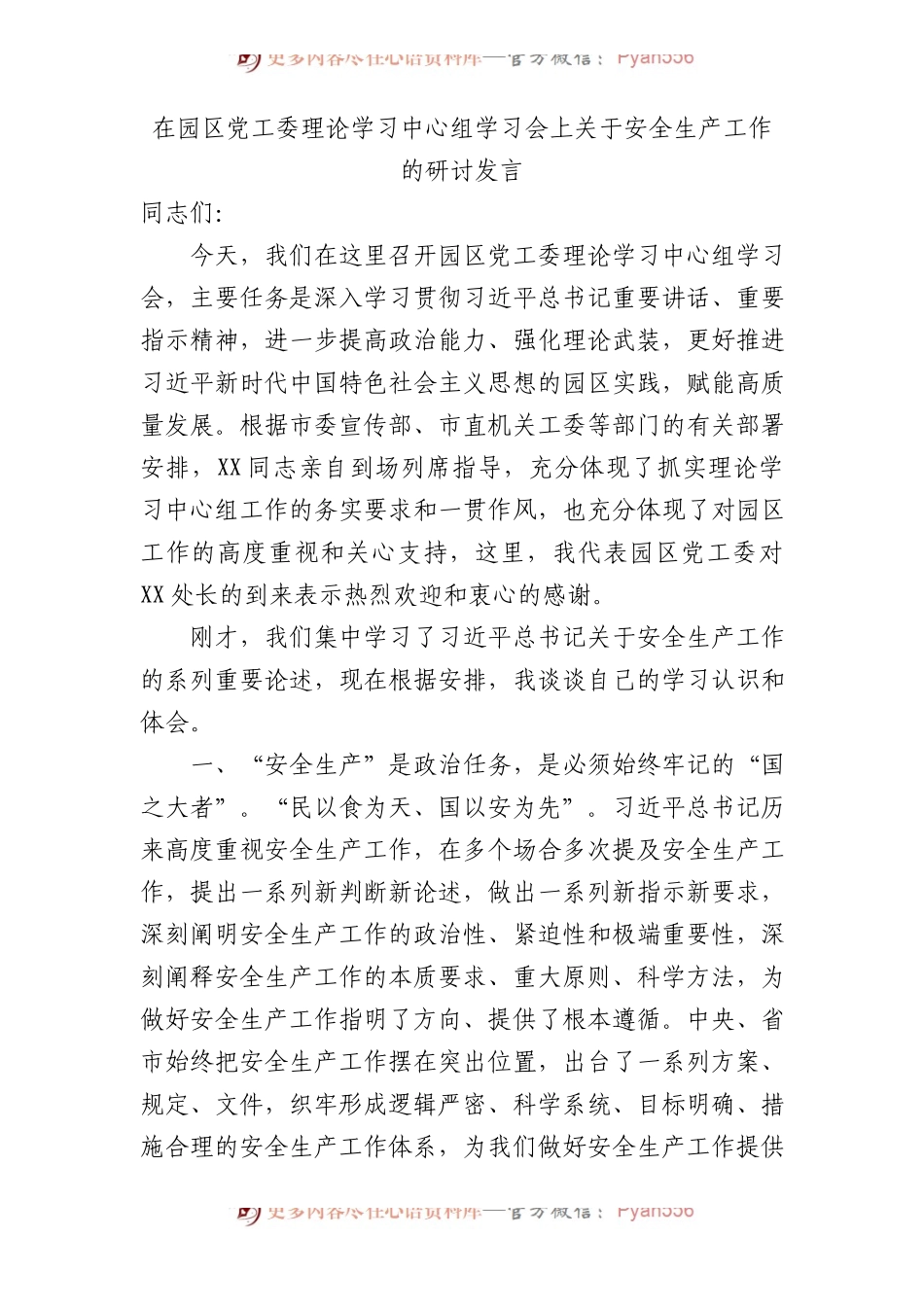 园区党工委中心组安全生产工作研讨发言.docx_第1页