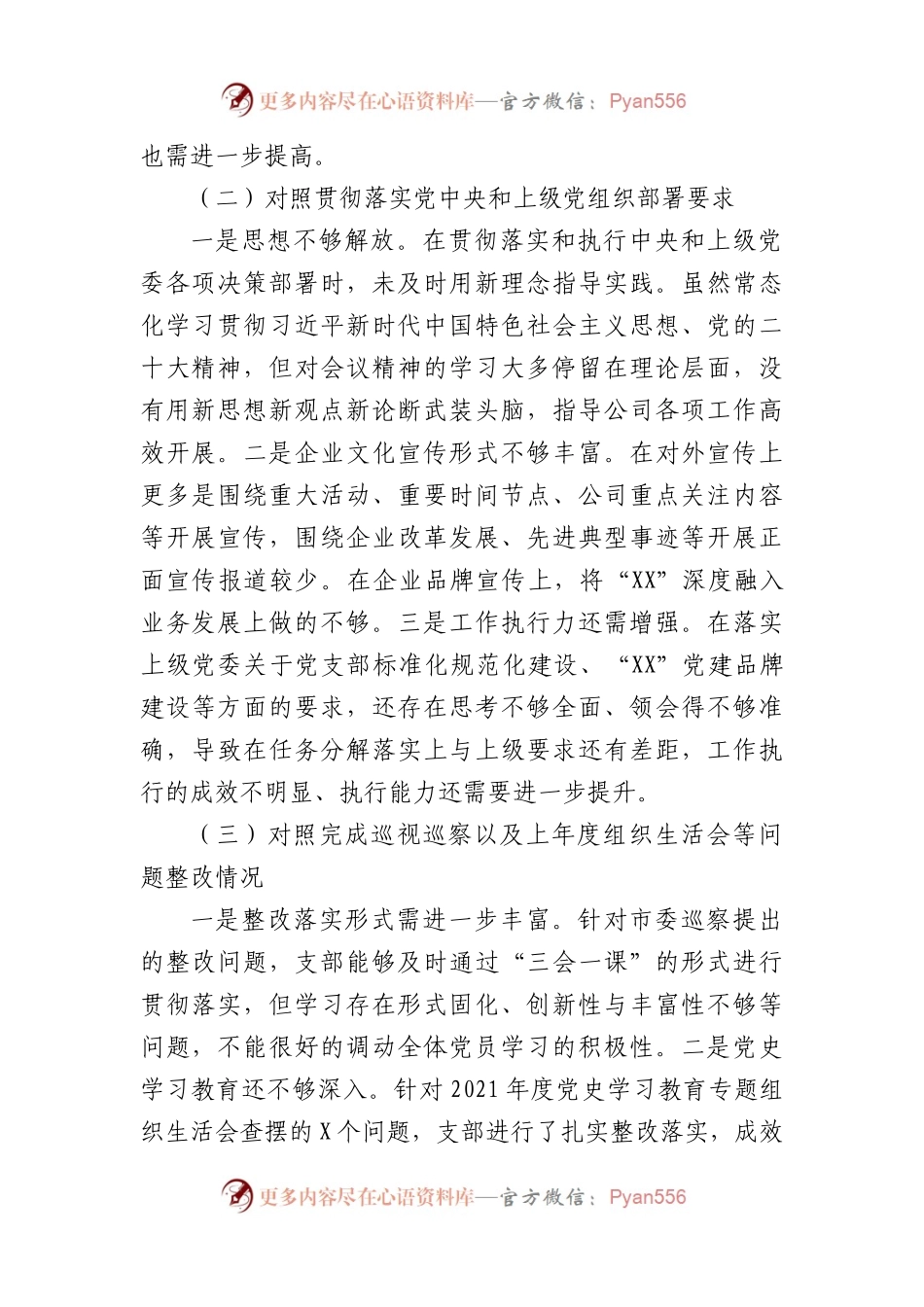 国企支部班子2022年度组织生活会对照检查材料.docx_第2页