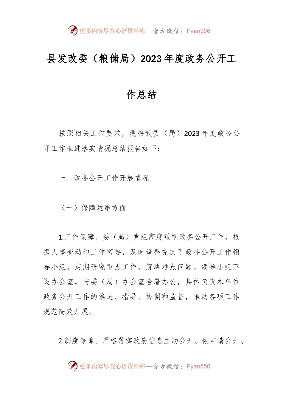 县发改委（粮储局）2023年度政务公开工作总结.docx_第1页