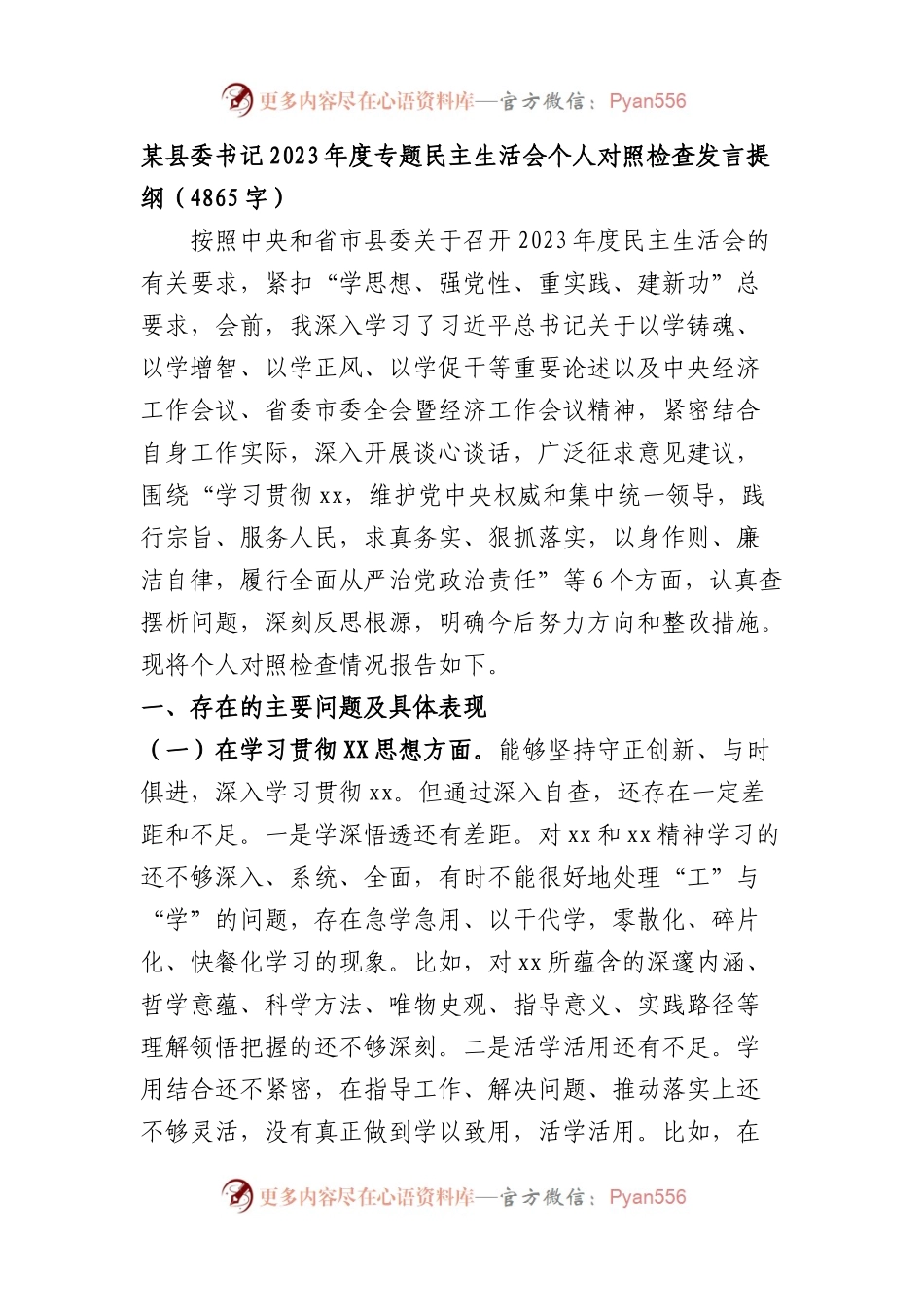 县委书记2023年主题教育民主生活会个人对照检查材料（践行宗旨等6个方面）(1).docx_第1页