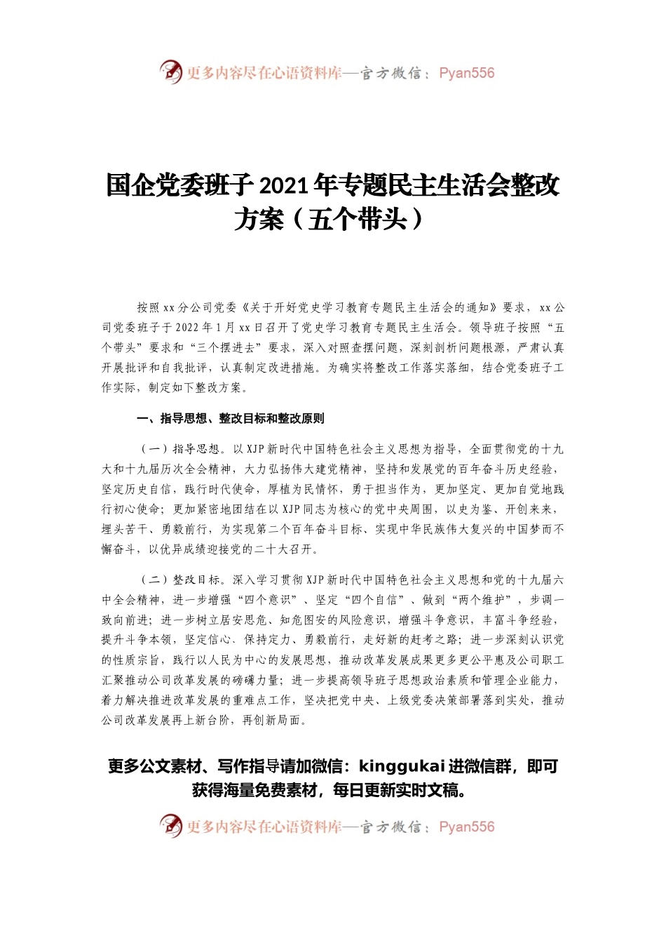 国企党委班子2021年专题民主生活会整改方案（五个带头）.docx_第1页