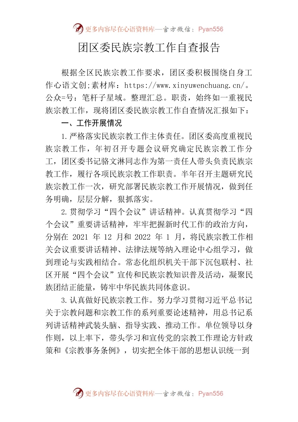 团区委民族宗教工作自查报告.docx_第1页