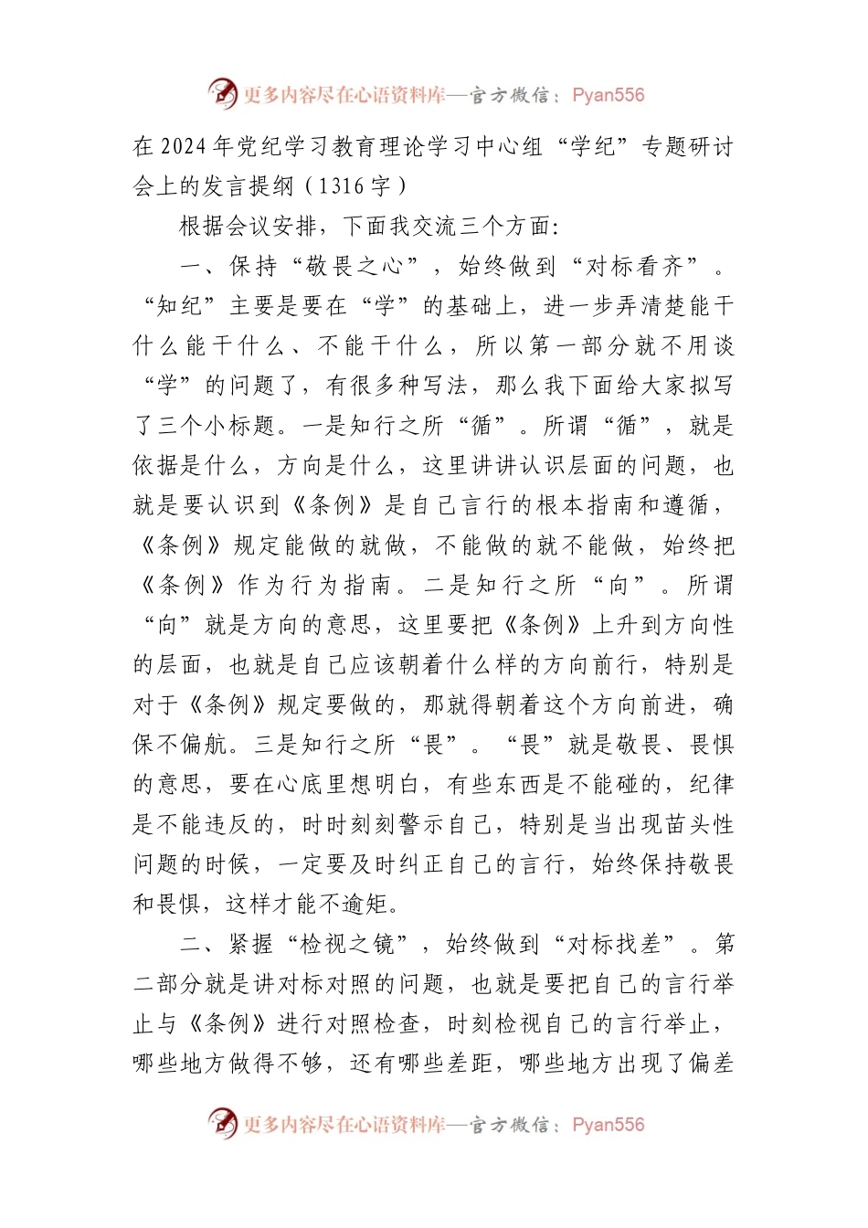 在2024年党纪学习教育理论学习中心组“学纪”专题研讨会上的发言提纲（1316字）.docx_第1页