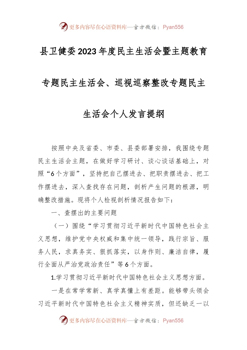 县卫健委2023年度民主生活会暨主题教育专题民主生活会、巡视巡察整改专题民主生活会个人发言稿提纲.docx_第1页