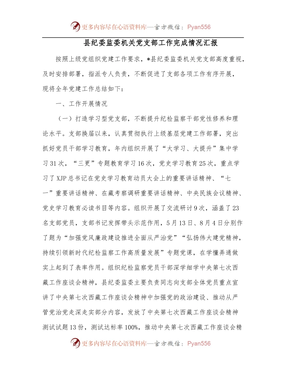 县纪委监委机关党支部工作完成情况汇报.docx_第1页