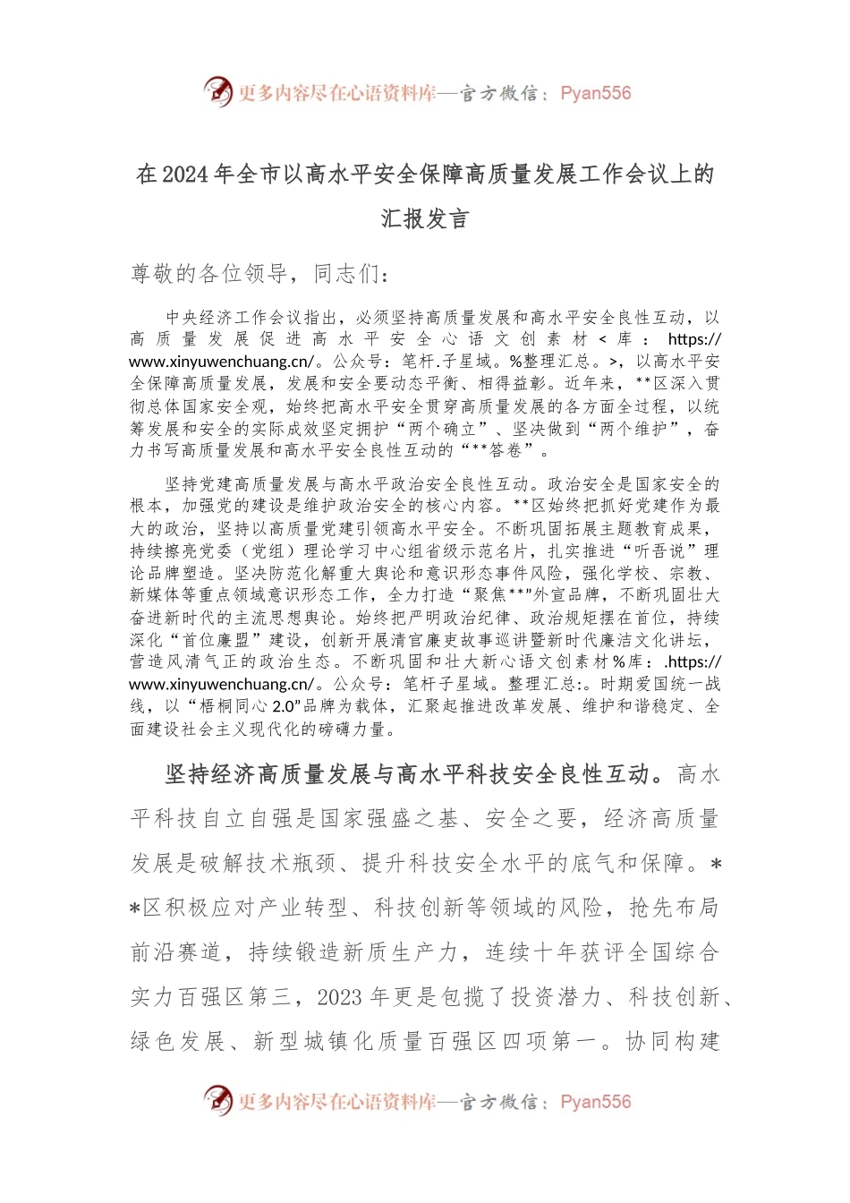 在2024年全市以高水平安全保障高质量发展工作会议上的汇报发言.docx_第1页