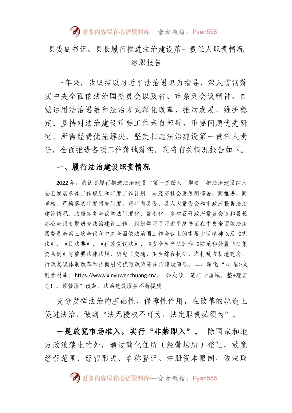 县委副书记、县长履行推进法治建设第一责任人职责情况述职报告.docx_第1页