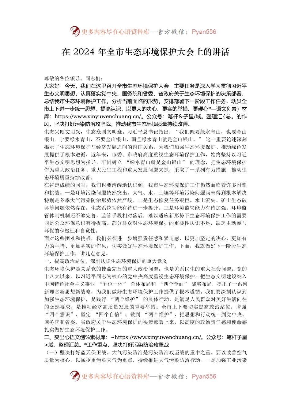 在 2024 年全市生态环境保护大会上的讲话.docx_第1页