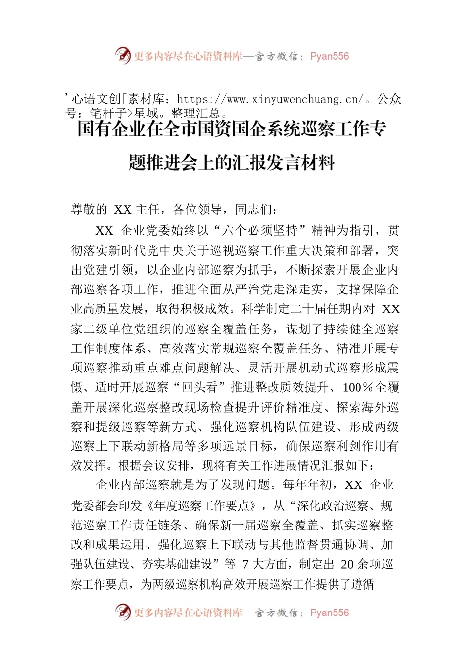 国有企业在全市国资国企系统巡察工作专题推进会上的汇报发言材料.docx_第1页