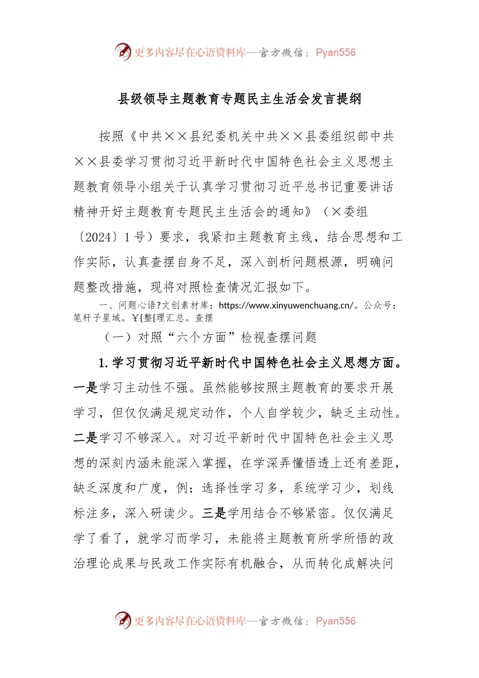 县级领导主题教育专题民主生活会发言稿提纲.docx_第1页