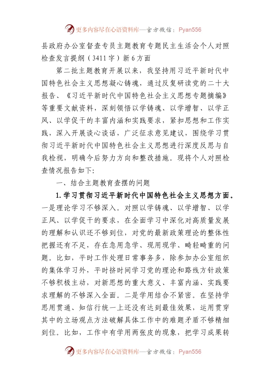 县政府办公室督查专员主题教育专题民主生活会个人对照检查发言提纲（践行宗旨等6个方面）.docx_第1页