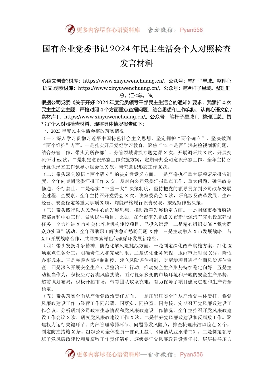 国有企业党委书记2024年民主生活会个人对照检查发言材料.docx_第1页