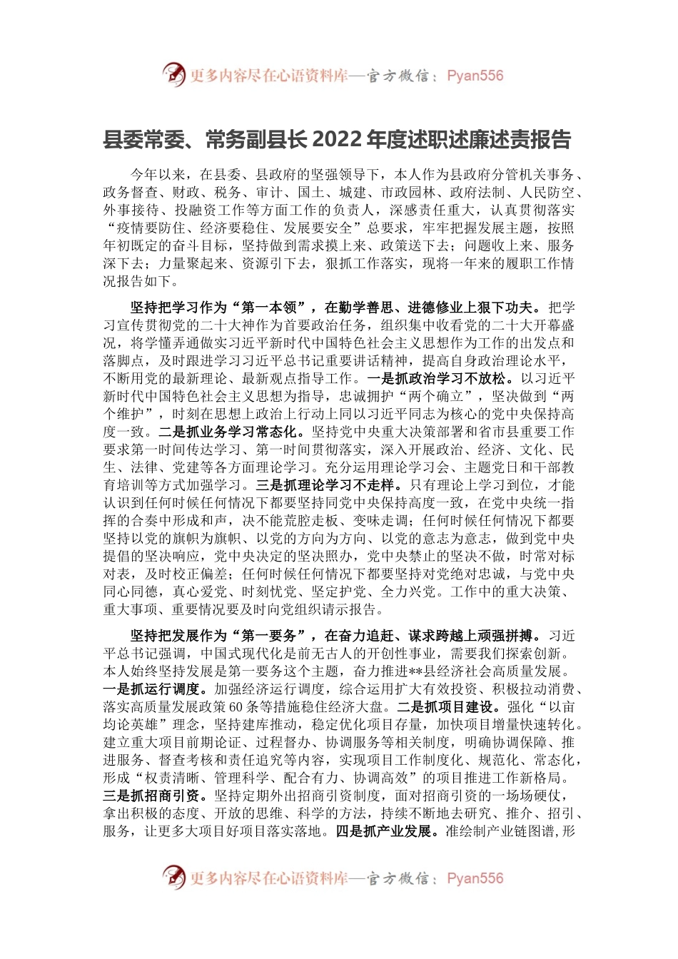县委常委、常务副县长2022年度述职述廉述责报告.docx_第1页
