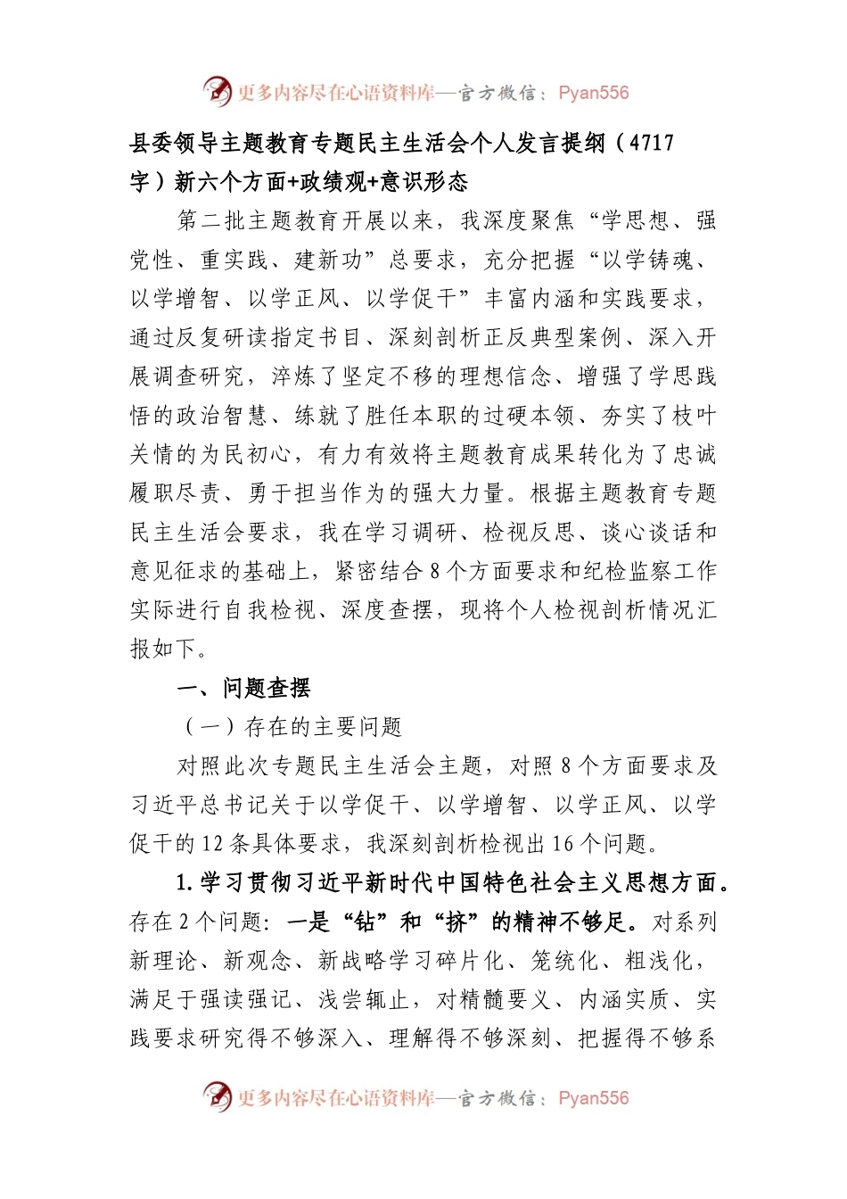 县委领导主题教育专题民主生活会个人发言提纲（践行宗旨等6个方面+政绩观+意识形态）.docx_第1页