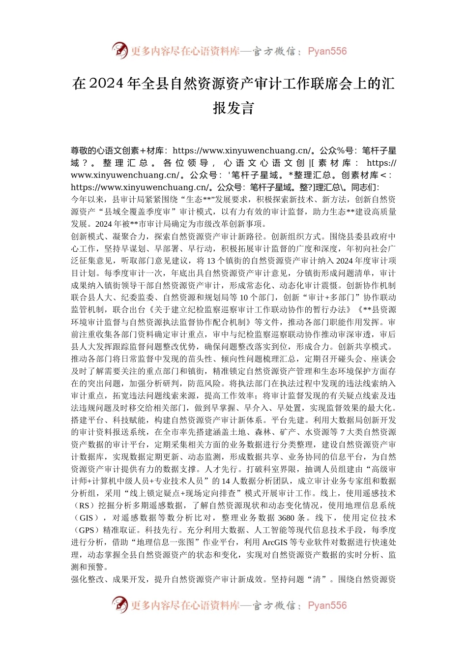 在2024年全县自然资源资产审计工作联席会上的汇报发言.docx_第1页