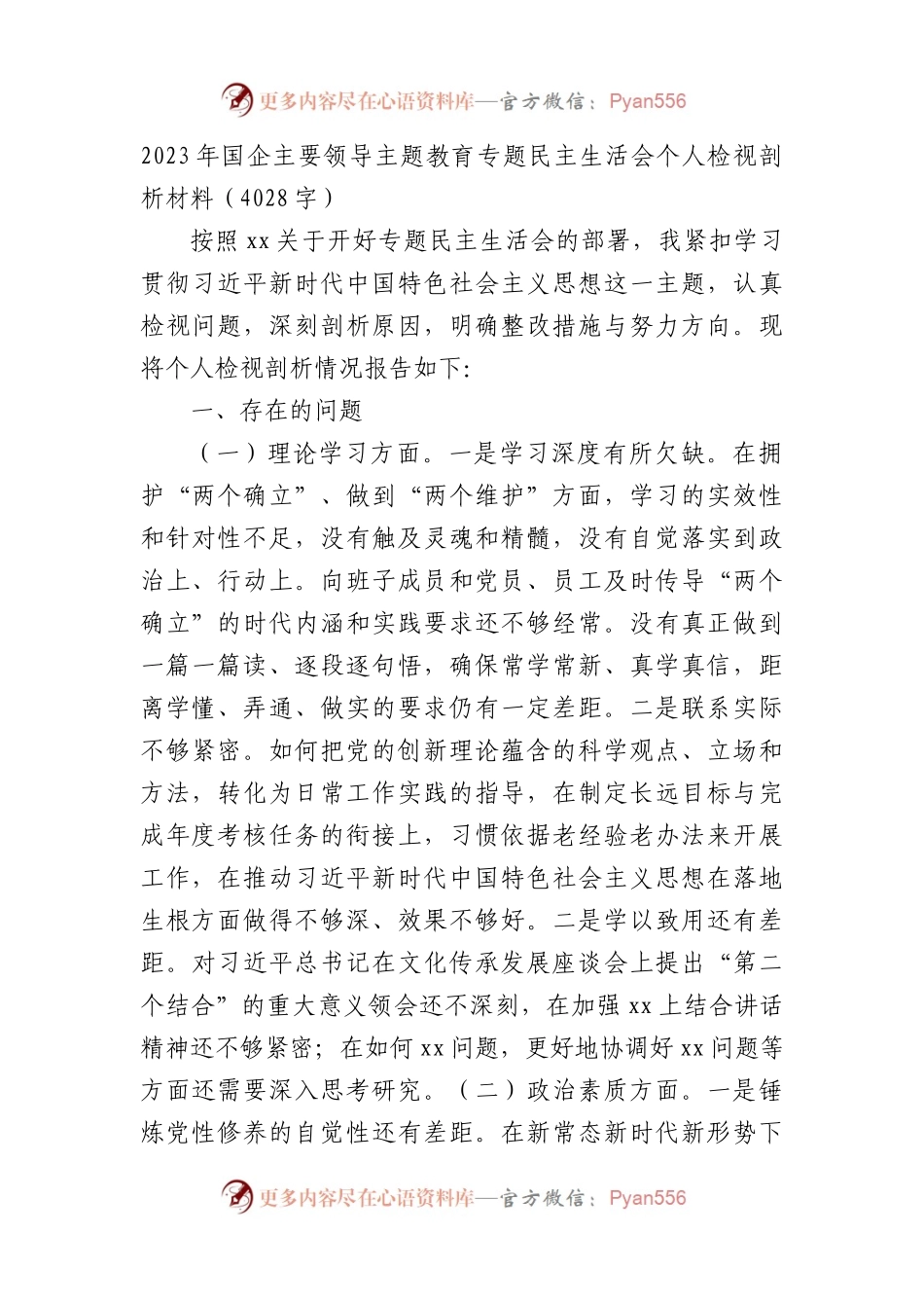国企主要领导主题教育专题民主生活会个人对照检查剖析材料.docx_第1页