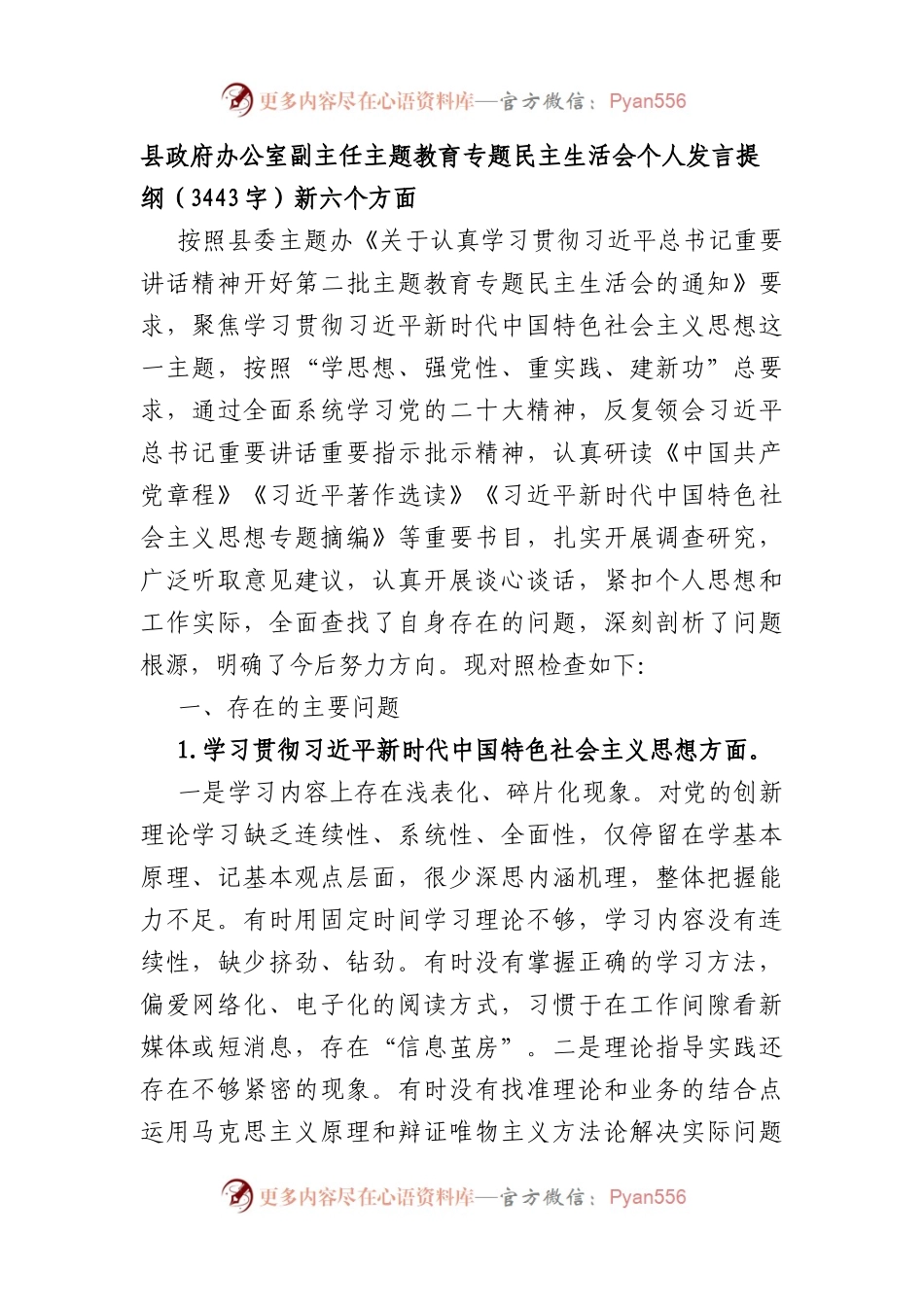 县政府办公室副主任主题教育专题民主生活会个人发言提纲（践行宗旨等6个方面）.docx_第1页