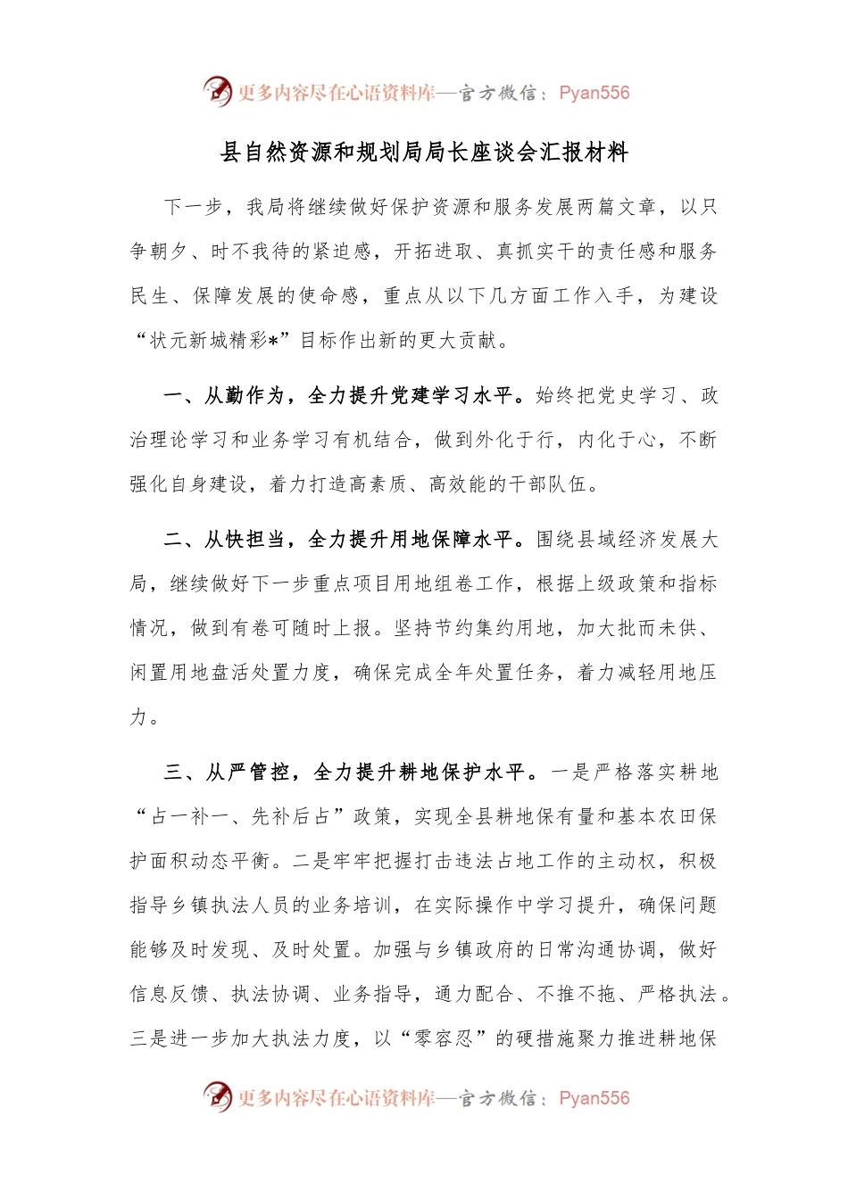 县自然资源和规划局局长座谈会汇报材料.docx_第1页
