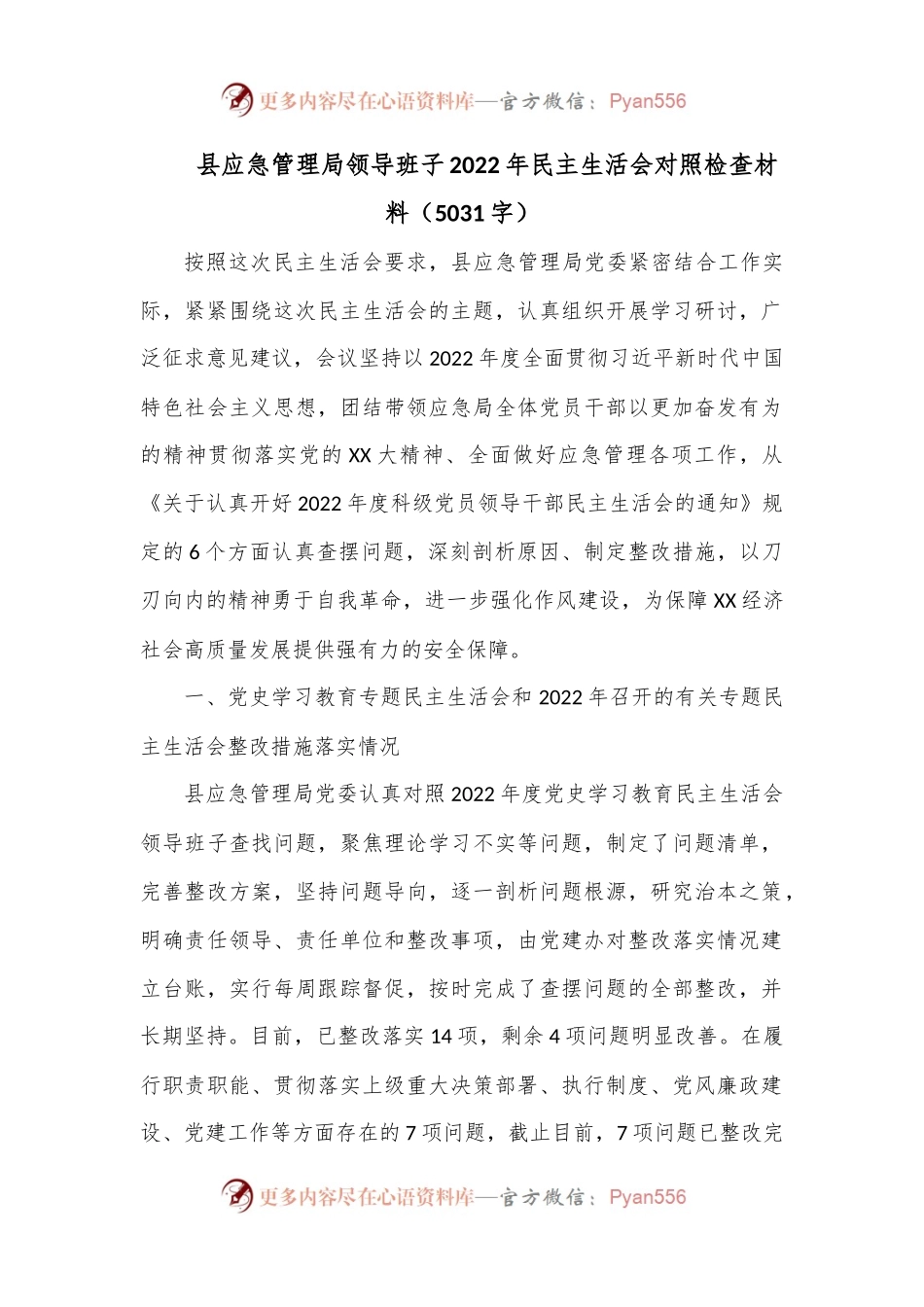 县应急管理局领导班子2022年民主生活会对照检查材料（5031字）.docx_第1页