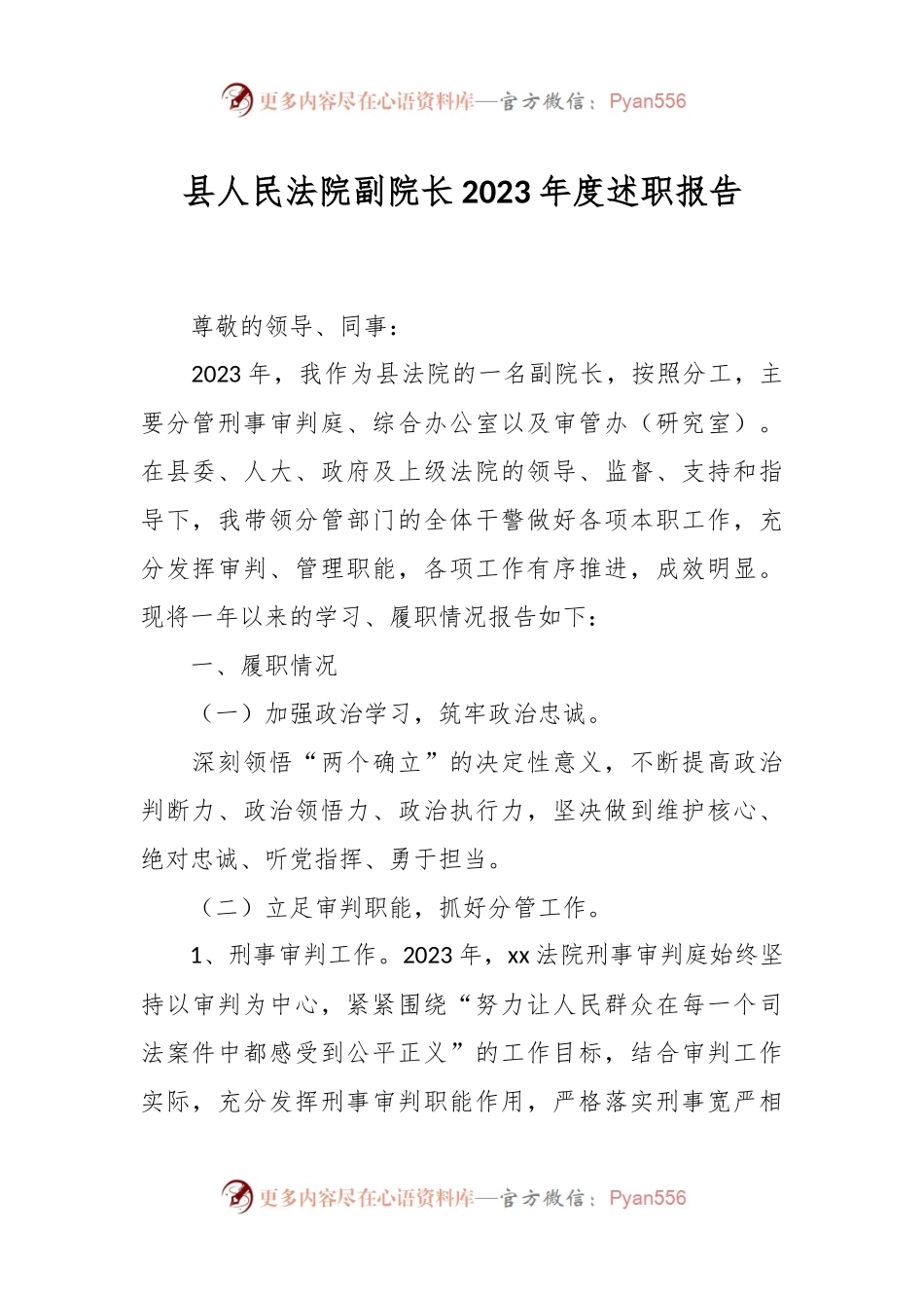 县人民法院副院长2023年度述职报告.docx_第1页