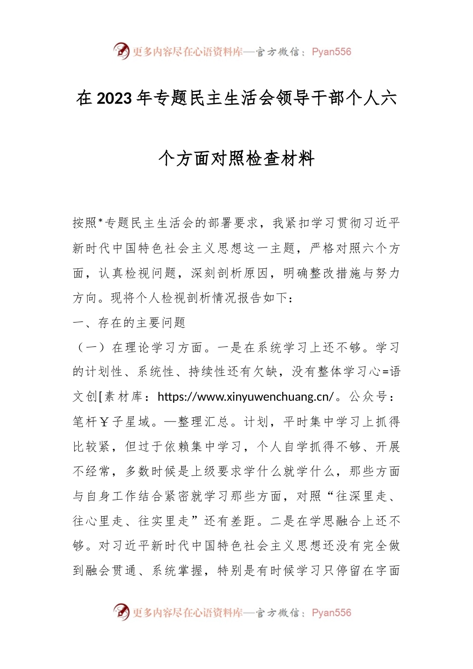 在2023年专题民主生活会领导干部个人六个方面对照检查材料.docx_第1页