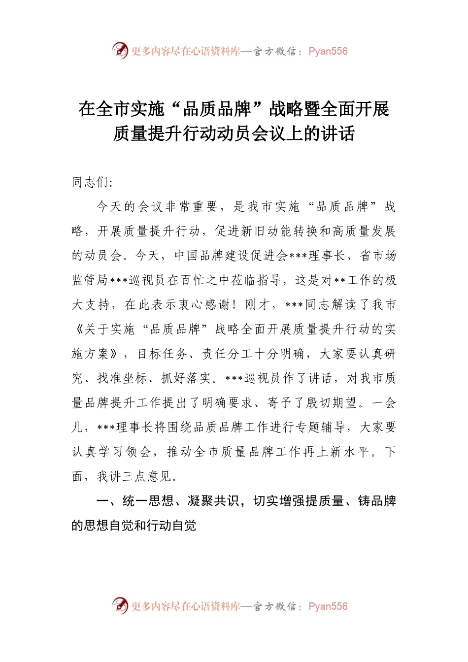 在全市实施“品质品牌”战略暨全面开展质量提升行动动员会议上的讲话.docx_第1页