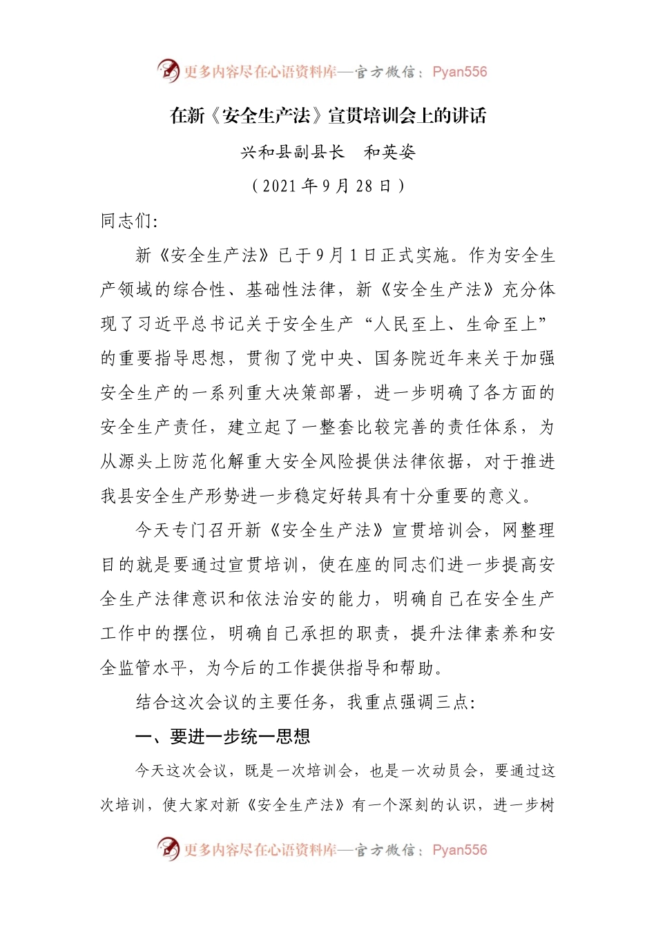 在新《安全生产法》宣贯培训会上的讲话(002).docx_第1页