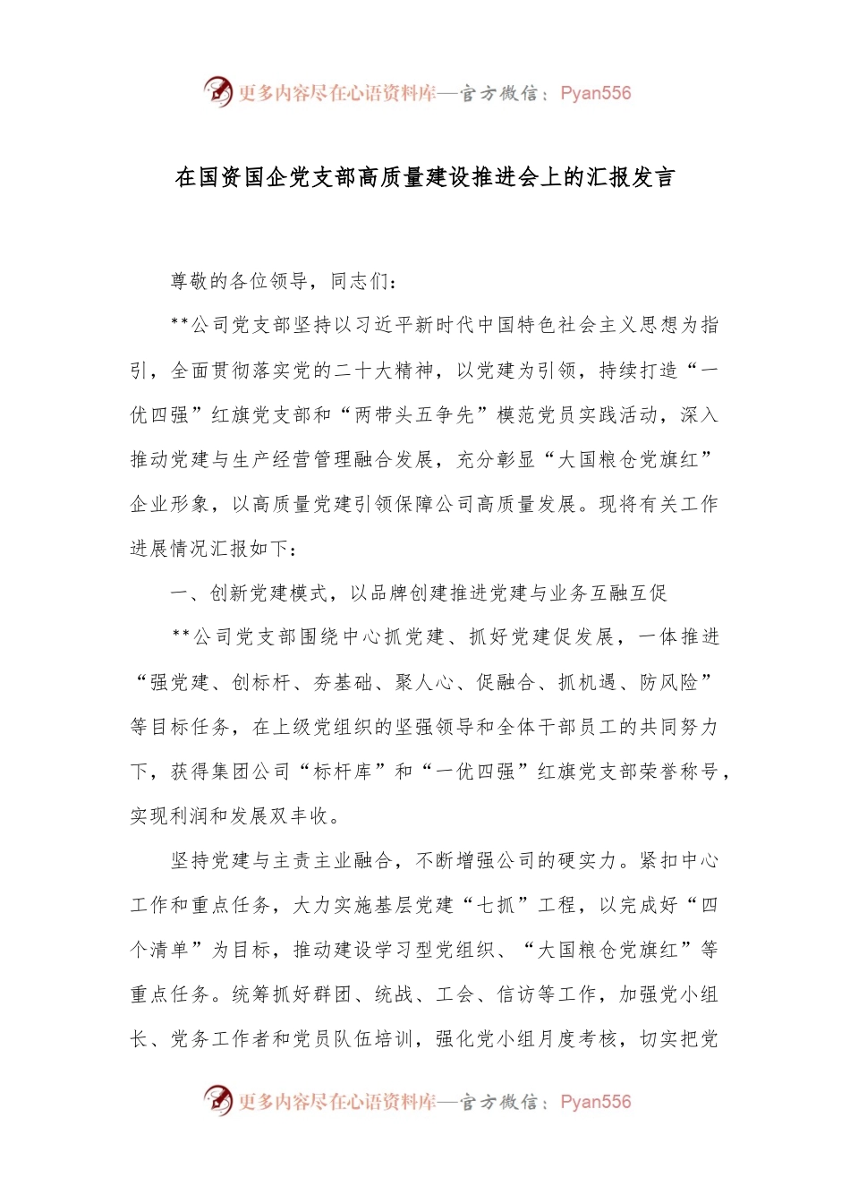 在国资国企党支部高质量建设推进会上的汇报发言.docx_第1页