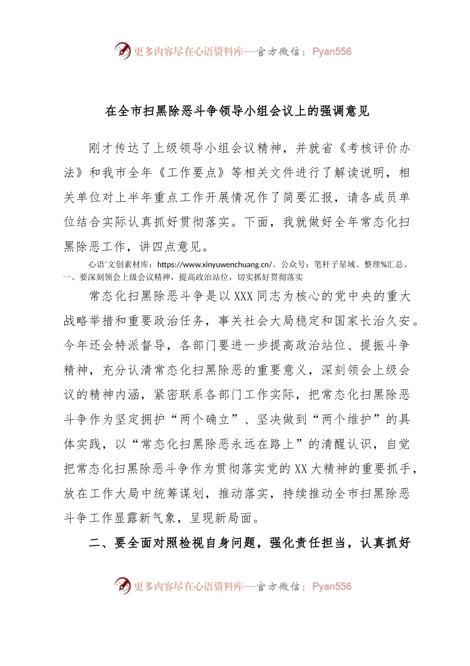 在全市扫黑除恶斗争领导小组会议上的强调意见.docx_第1页