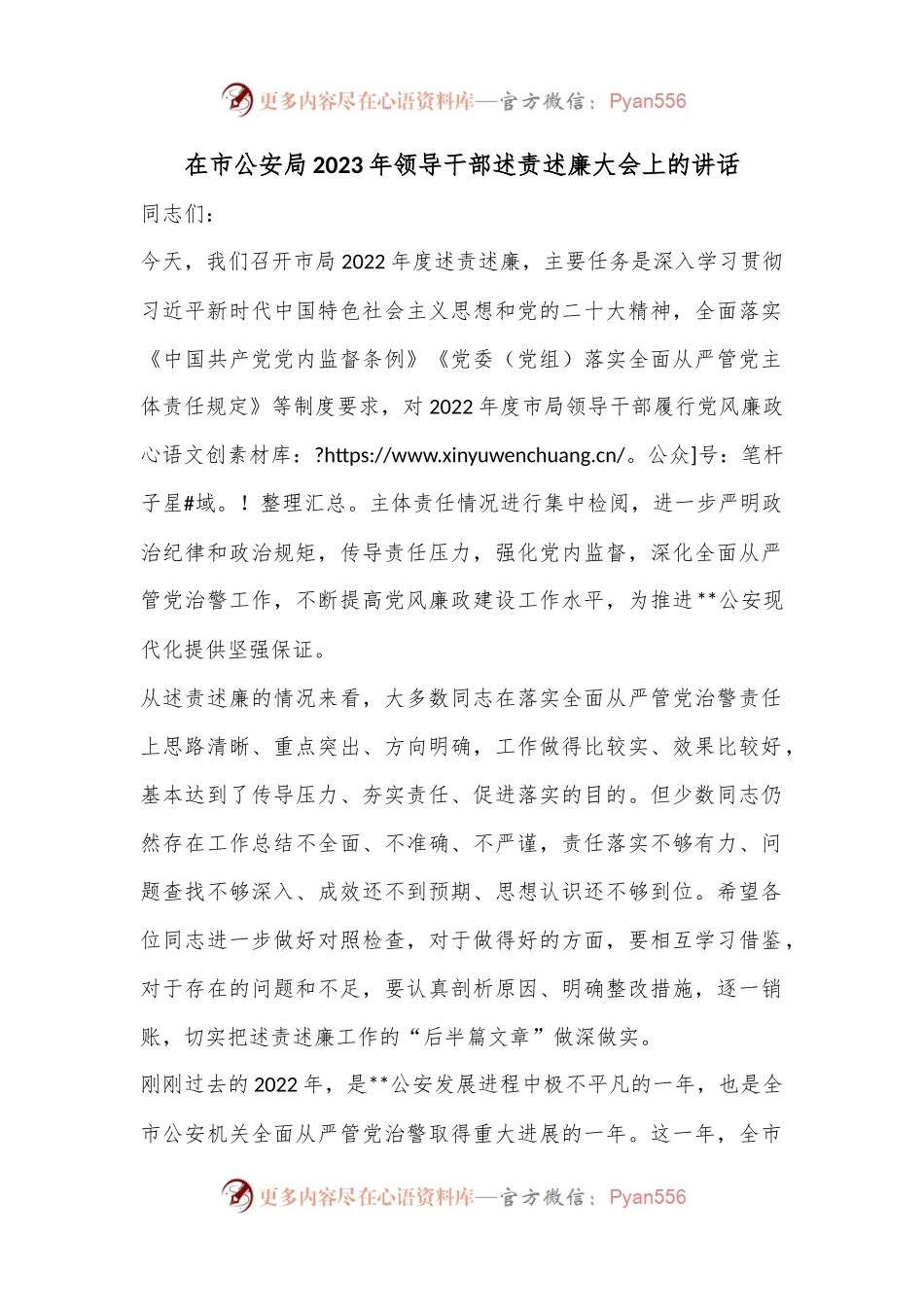 在市公安局2023年领导干部述责述廉大会上的讲话.docx_第1页