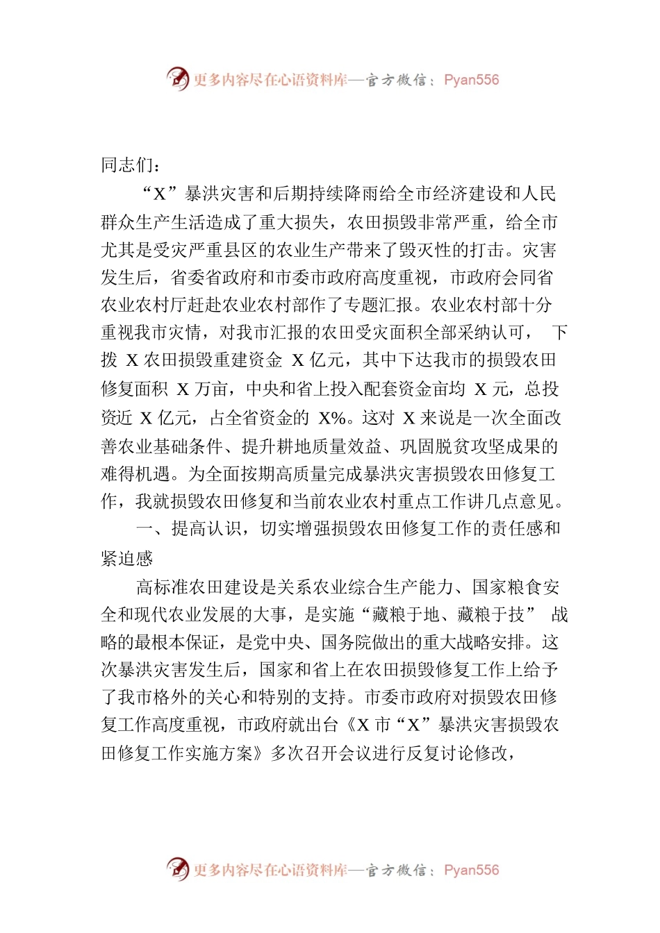 在全市暴洪灾害损毁农田修复工作推进会上的讲话.docx_第1页