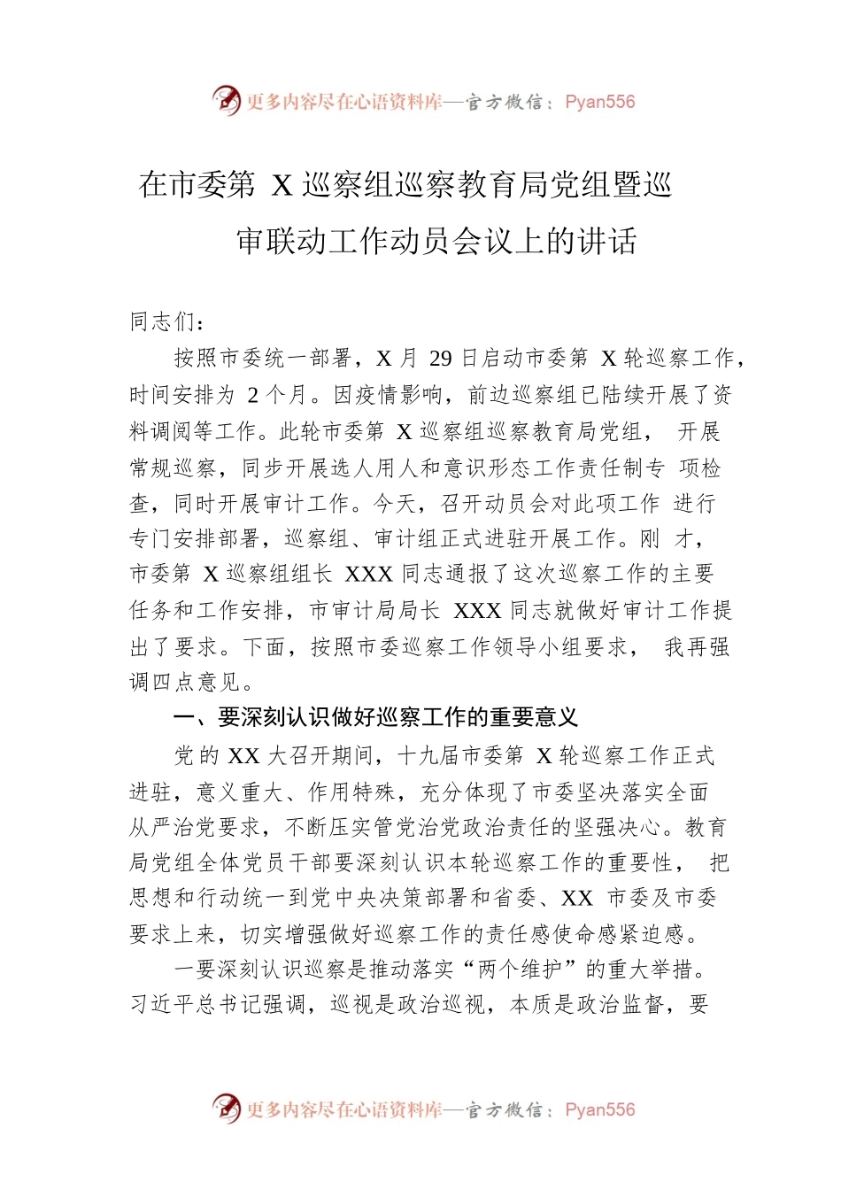 在市委第X巡察组巡察教育局党组暨巡审联动工作动员会议上的讲话.docx_第1页