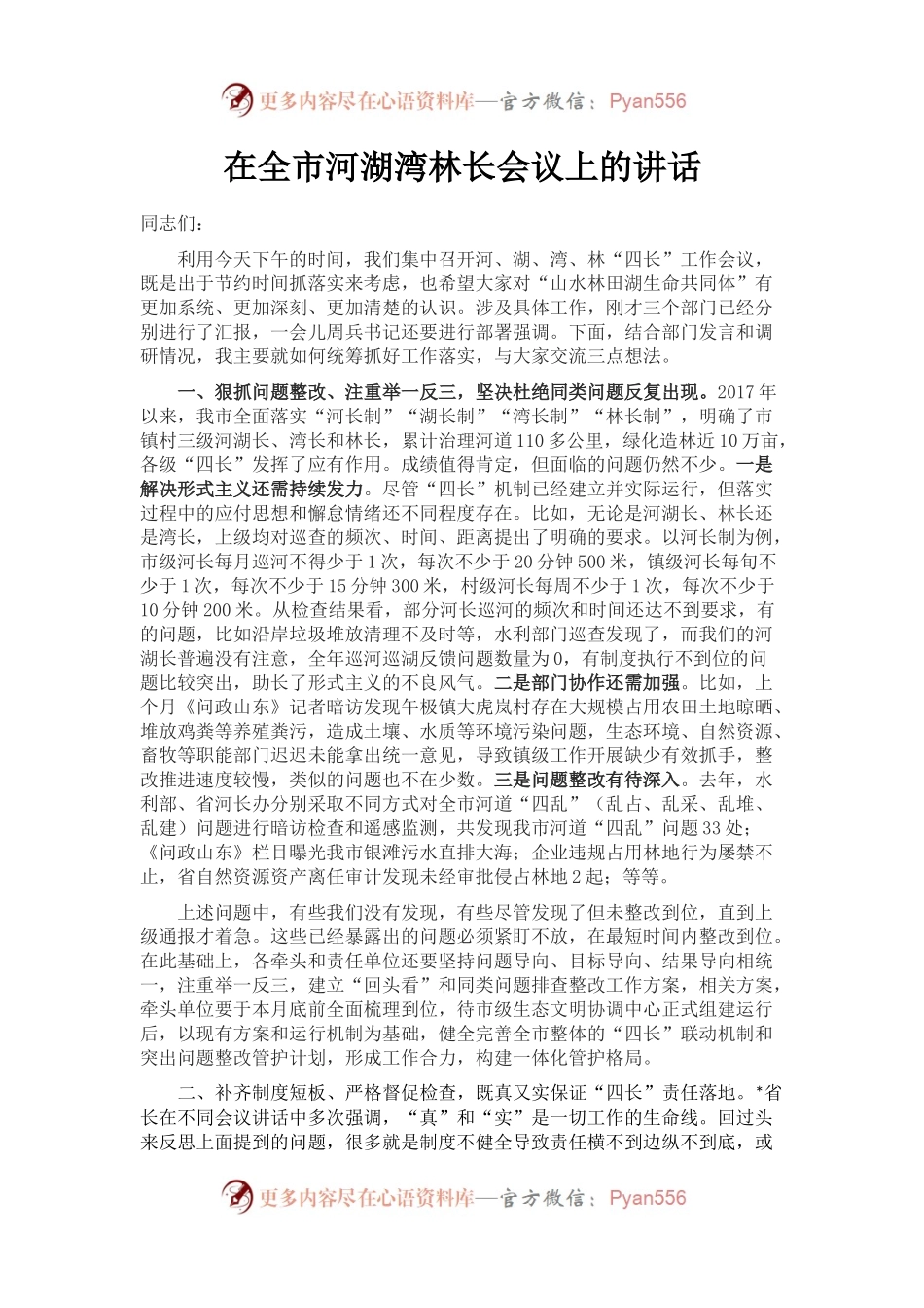 在全市河湖湾林长会议上的讲话.docx_第1页