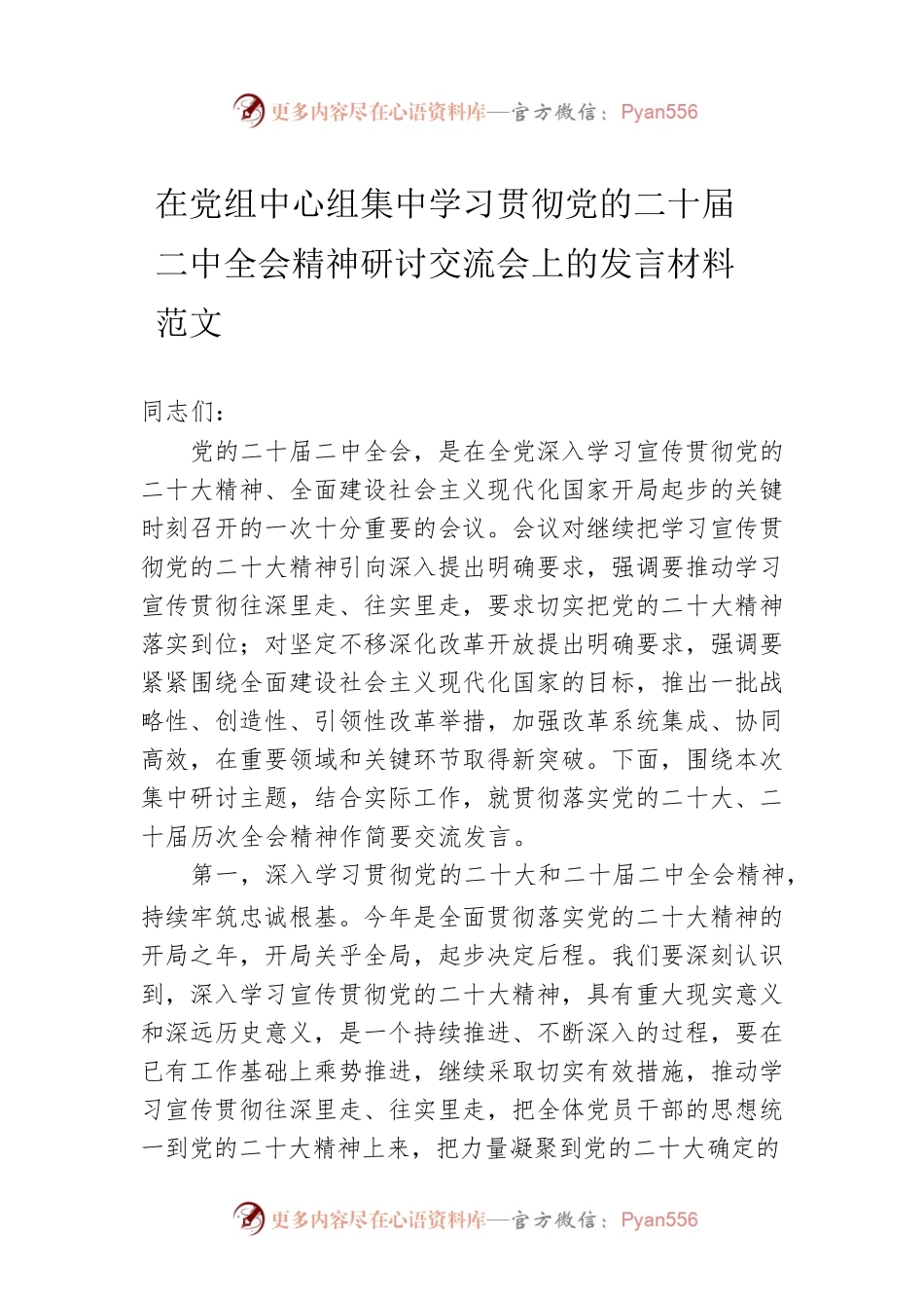 在党组中心组集中学习贯彻党的二十届二中全会精神研讨交流会上的发言材料范文.docx_第1页
