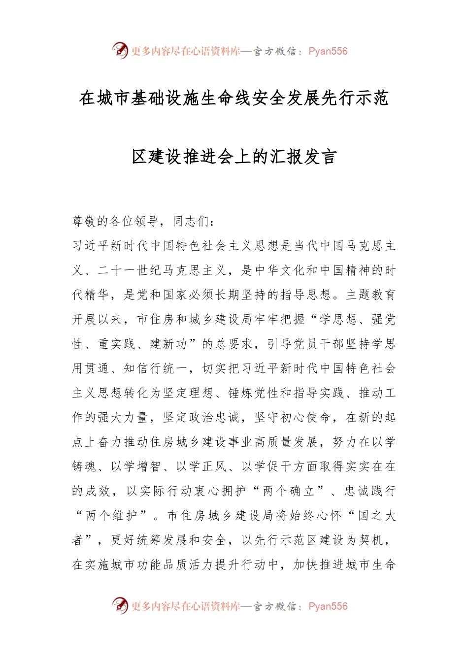 在城市基础设施生命线安全发展先行示范区建设推进会上的汇报发言.docx_第1页
