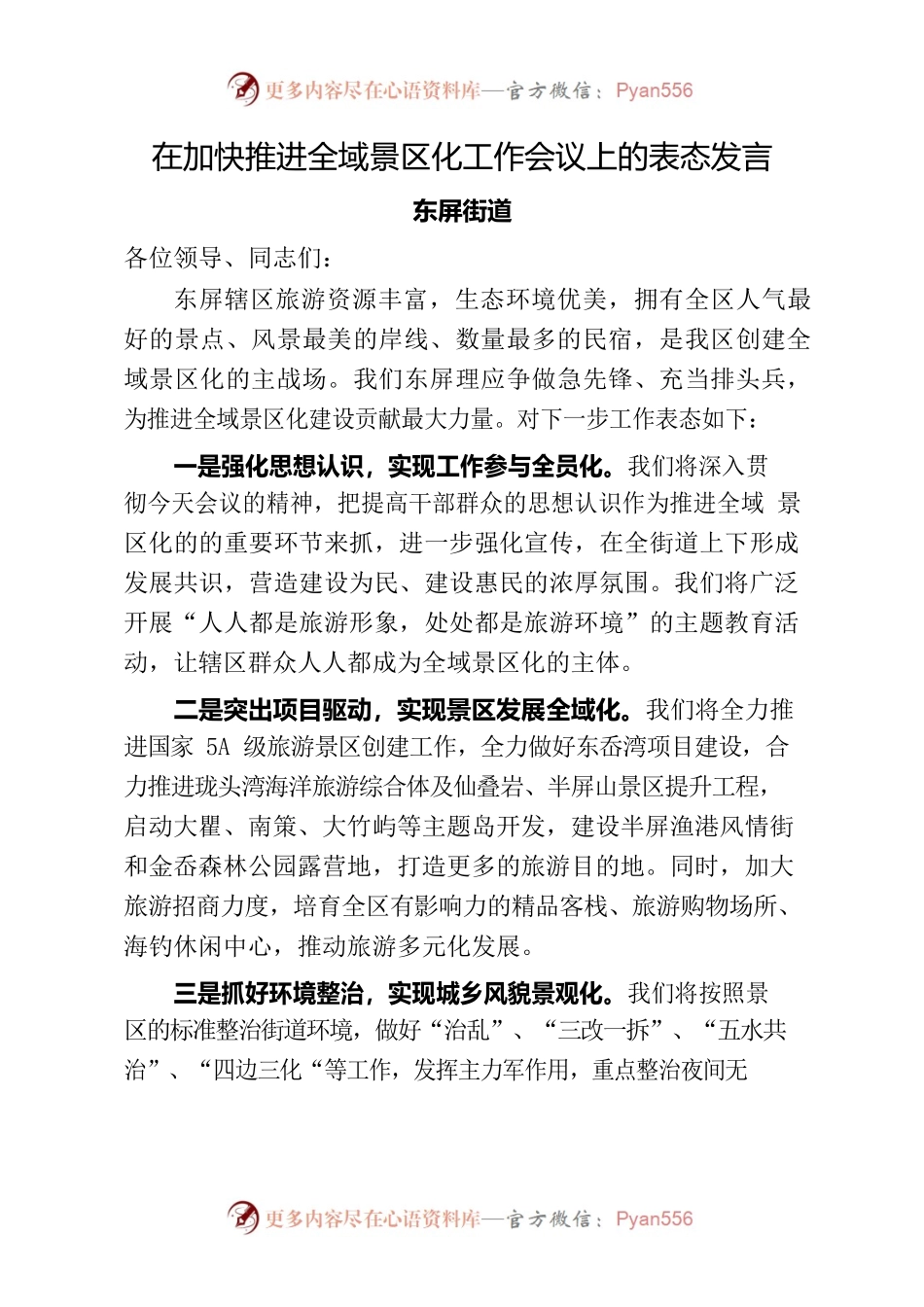 在加快推进全域景区化工作会议上的表态发言.docx_第1页