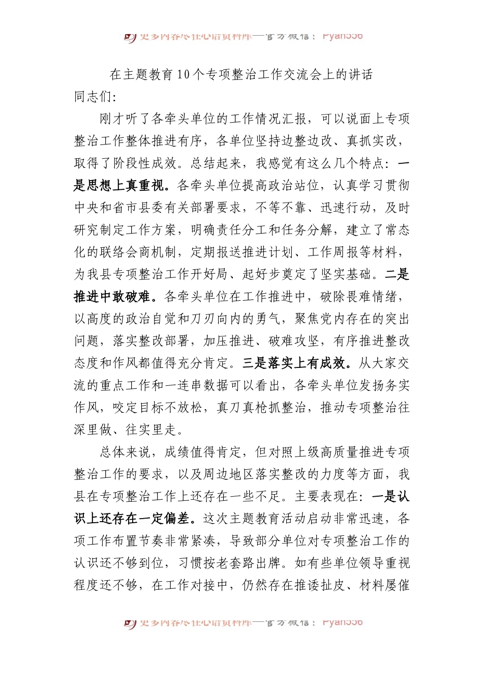 在主题教育10个专项整治工作交流会上的讲话.docx_第1页