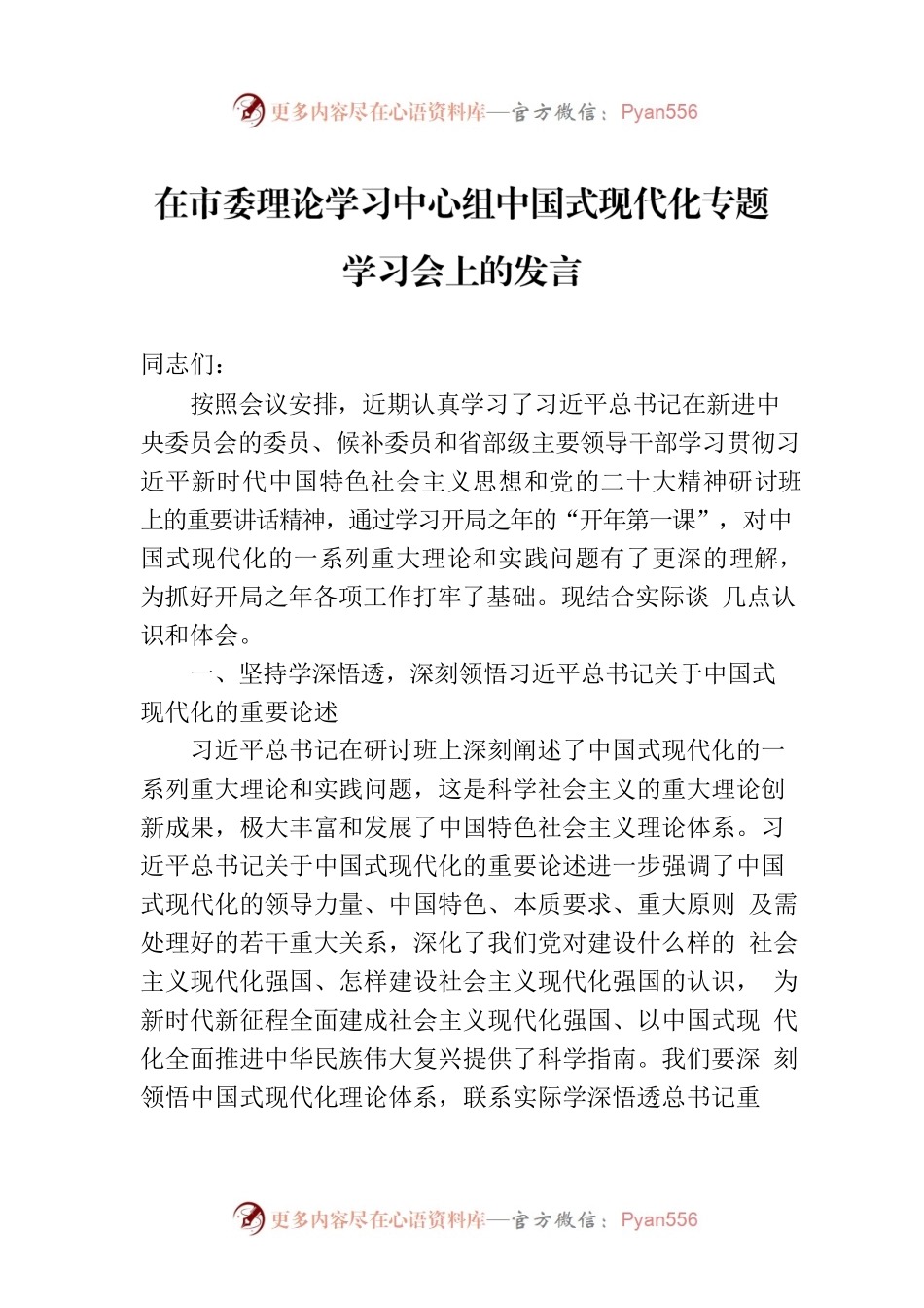 在市委理论学习中心组中国式现代化专题学习会上的发言.docx_第1页