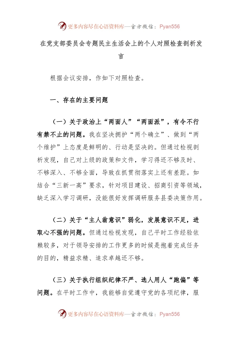 在党支部委员会专题民主生活会上的个人对照检查剖析发言.docx_第1页
