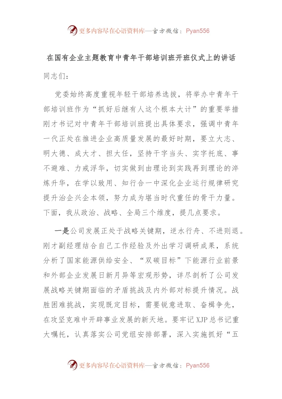 在国有企业主题教育中青年干部培训班开班仪式上的讲话.docx_第1页