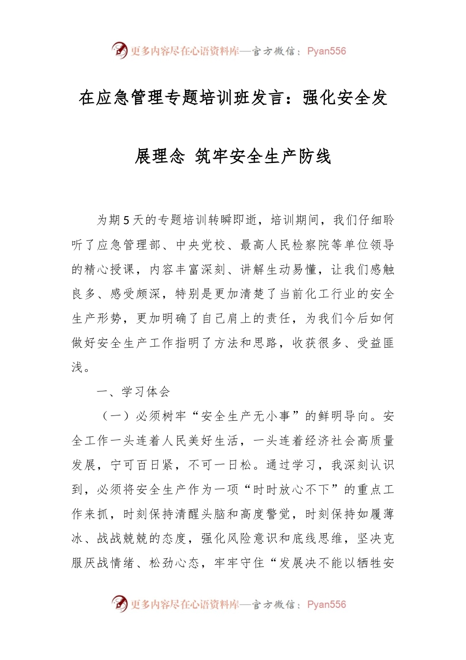 在应急管理专题培训班发言：强化安全发展理念 筑牢安全生产防线.docx_第1页