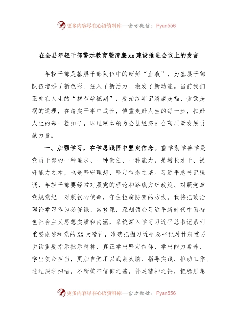 在全县年轻干部警示教育暨清廉xx建设推进会议上的发言.docx_第1页