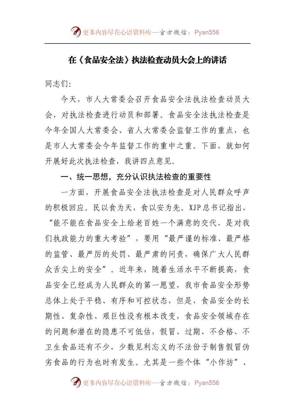 在《食品安全法》执法检查动员大会上的讲话.docx_第1页