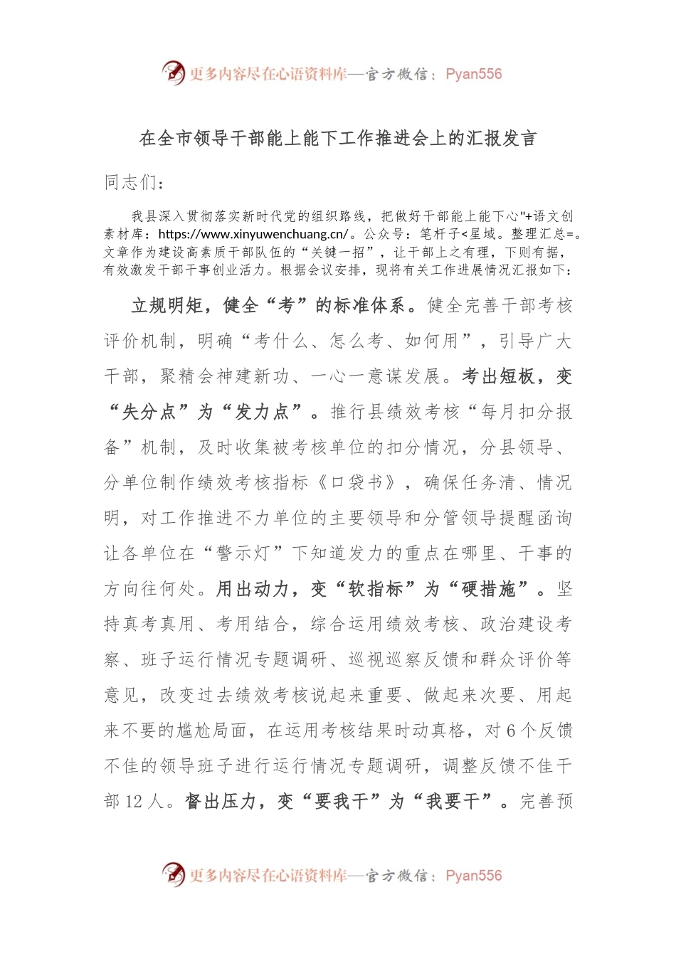 在全市领导干部能上能下工作推进会上的汇报发言.docx_第1页
