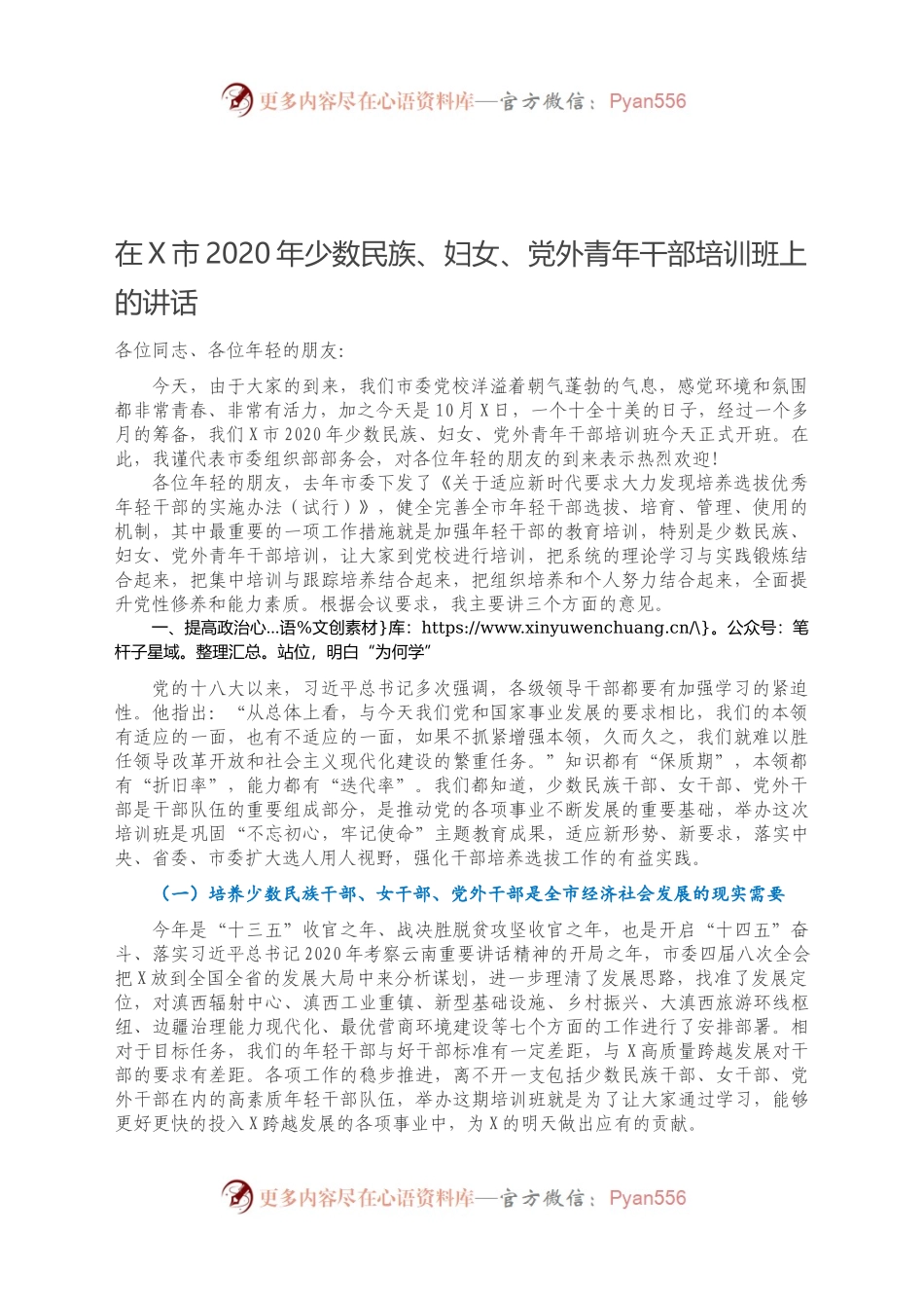 在X市2020年少数民族、妇女、党外青年干部培训班上的讲话.docx_第1页