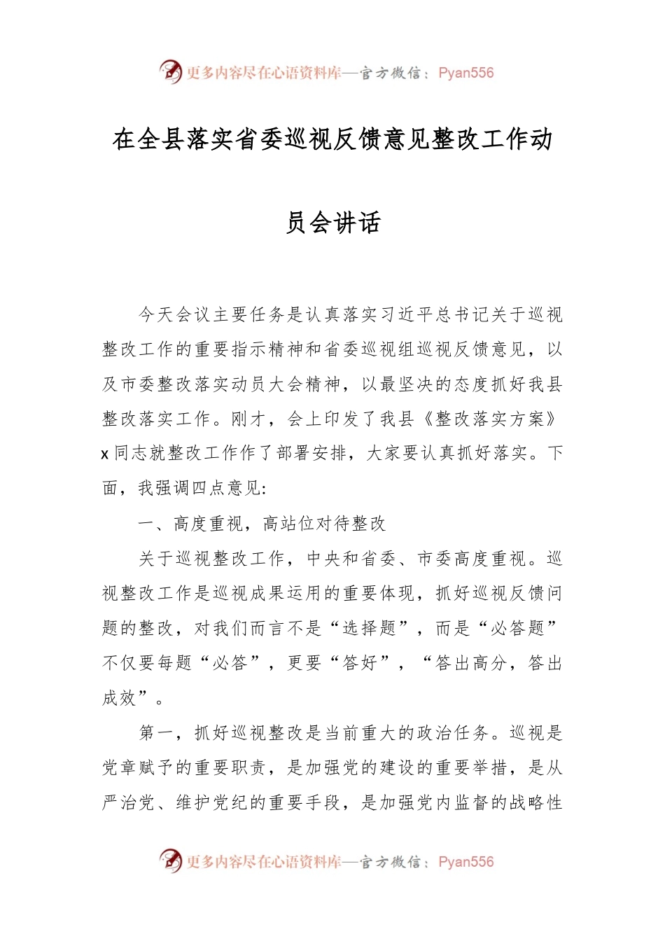 在全县落实省委巡视反馈意见整改工作动员会讲话.docx_第1页
