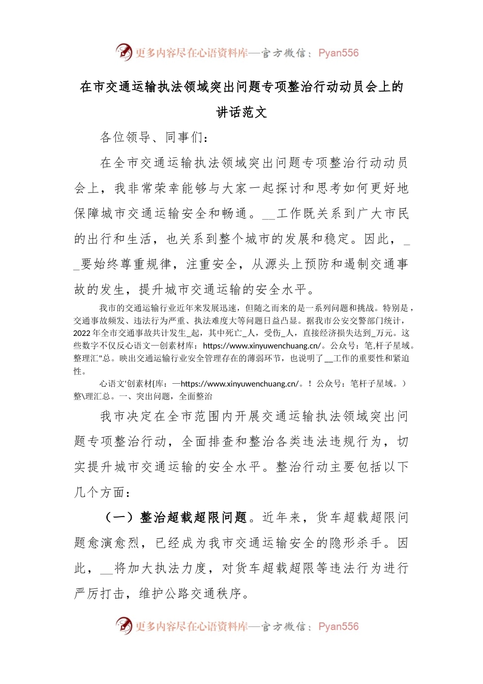 在市交通运输执法领域突出问题专项整治行动动员会上的讲话范文.docx_第1页